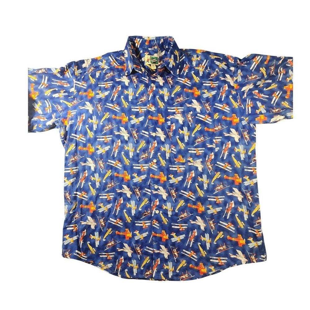 Vintage Johnny Cotton Shirt Mens Large Airplane‎ Aviation Print Blue Made in USA